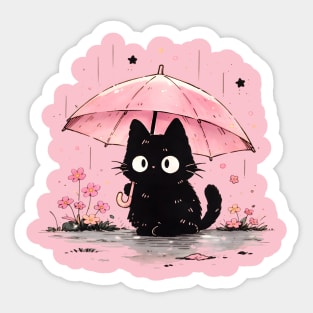 Cute Black Cat With Pink Umbrella Sticker